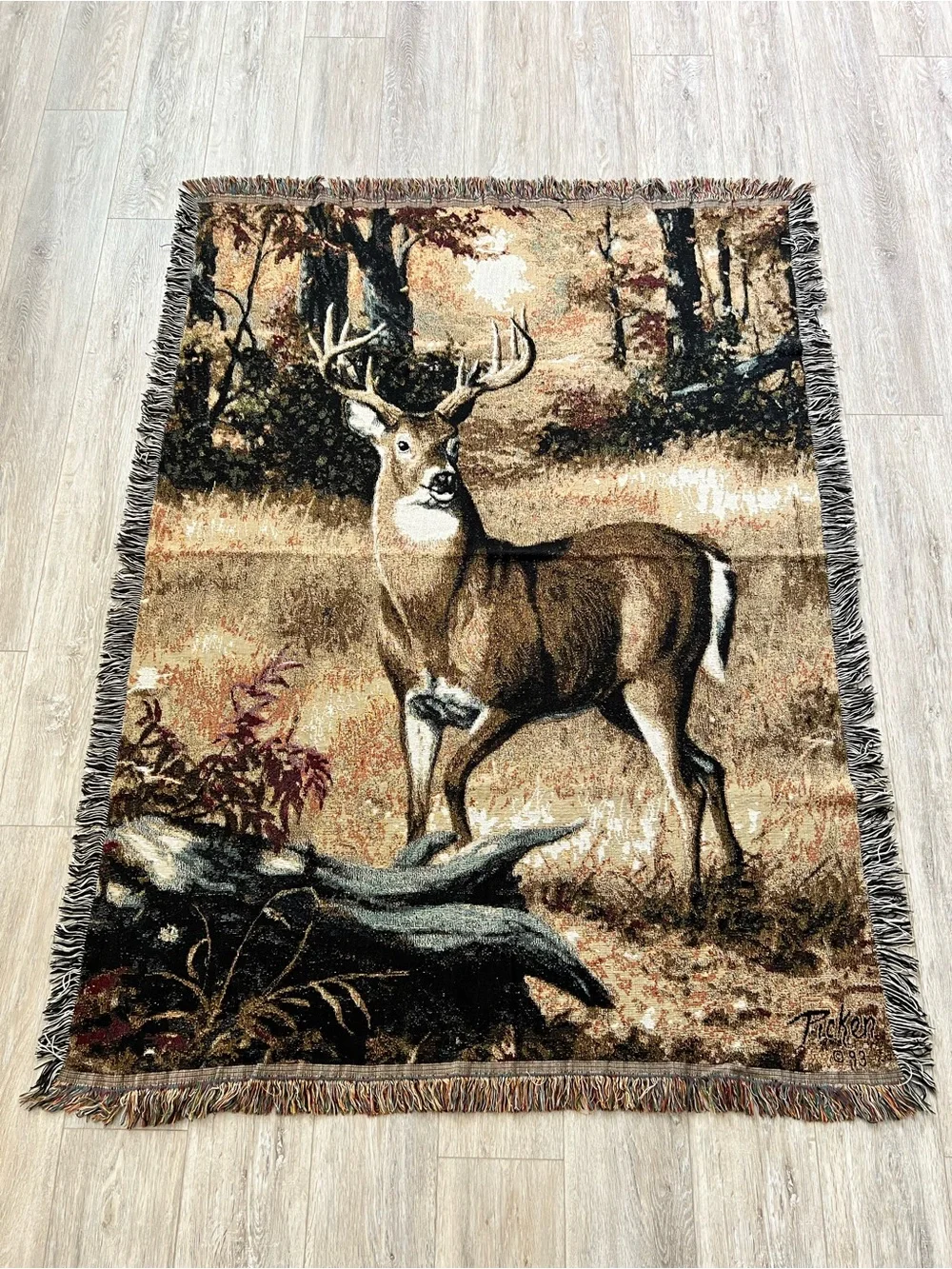 Vintage Picken 93 Buck Deer Woodland Woven Tapestry Throw Blanket